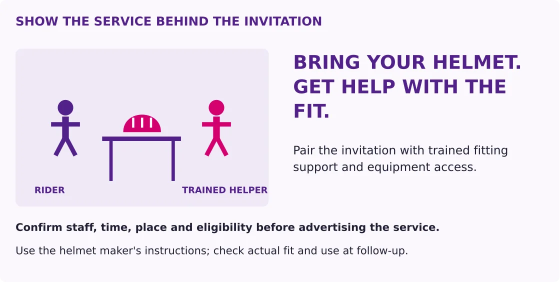 A rider and trained helper stand at a table with a helmet, beside an invitation to get fitting help and a reminder to confirm service capacity.