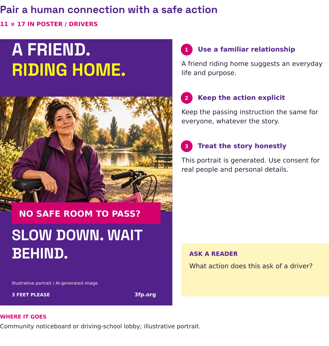 A portrait poster pairs A friend, riding home with a prominent instruction to slow down and wait behind when there is no safe passing room.