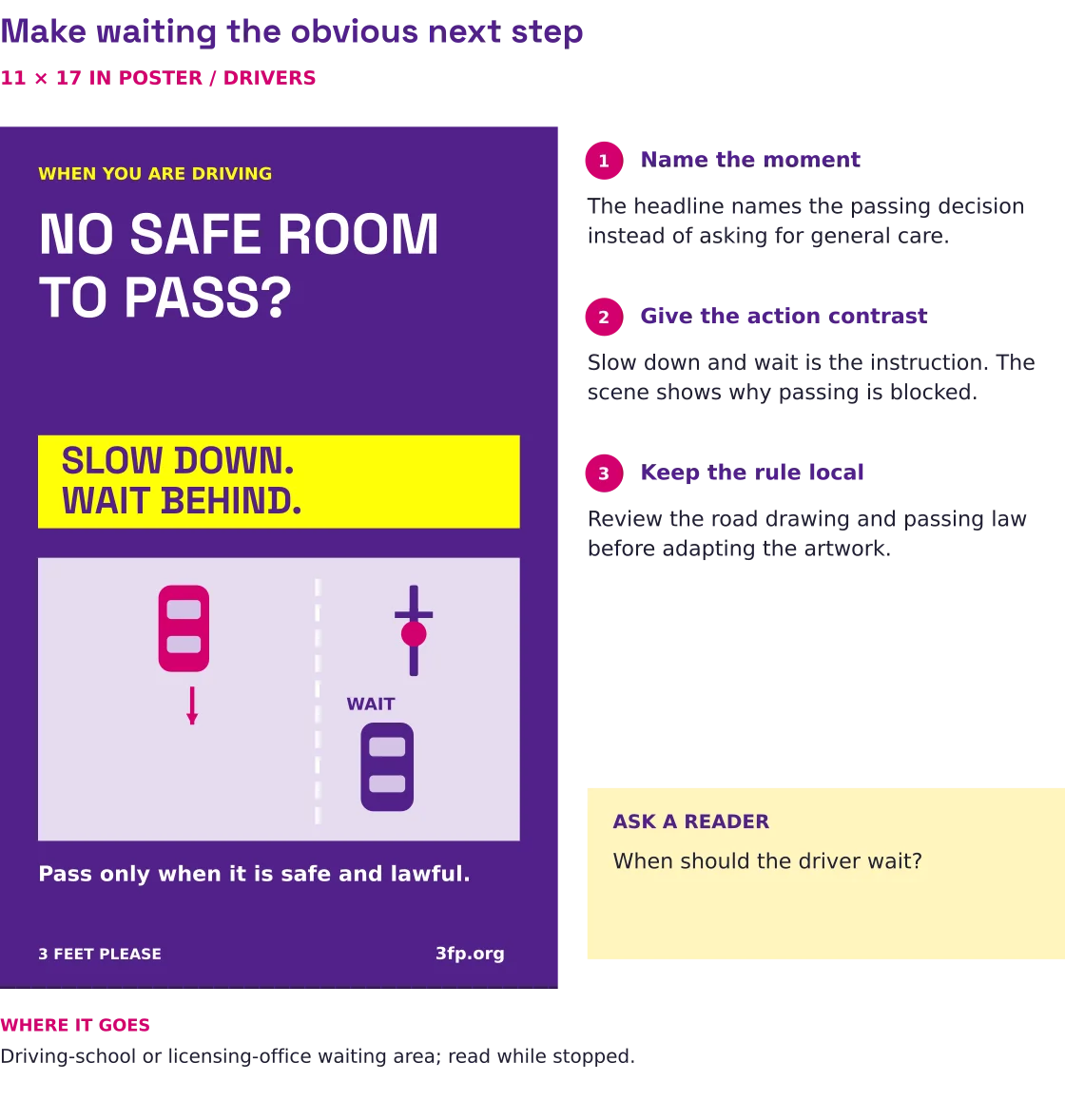 A purple and yellow driver poster shows a car waiting behind a cyclist on a narrow road with opposing traffic.
