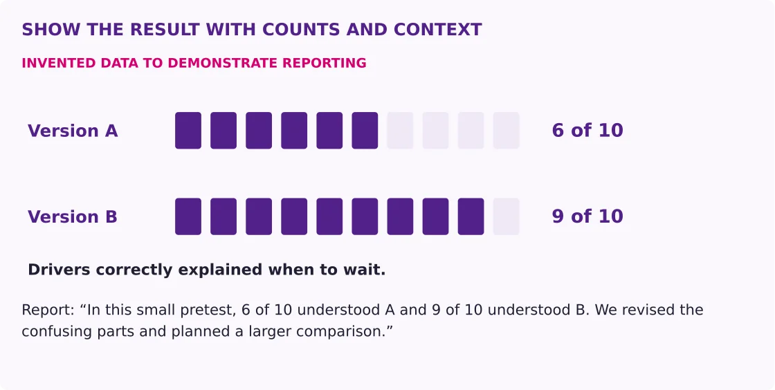 An invented comparison shows 6 of 10 people understanding version A and 9 of 10 understanding version B, with wording that reports a small early test accurately.